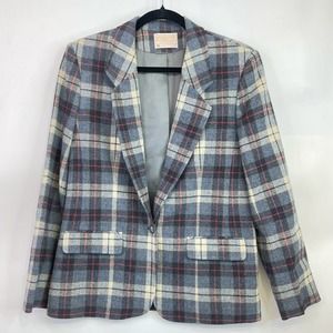 Pendleton Plaid Blazer Jacket Blue Gray Size 12 Fully Lined Wool Vintage